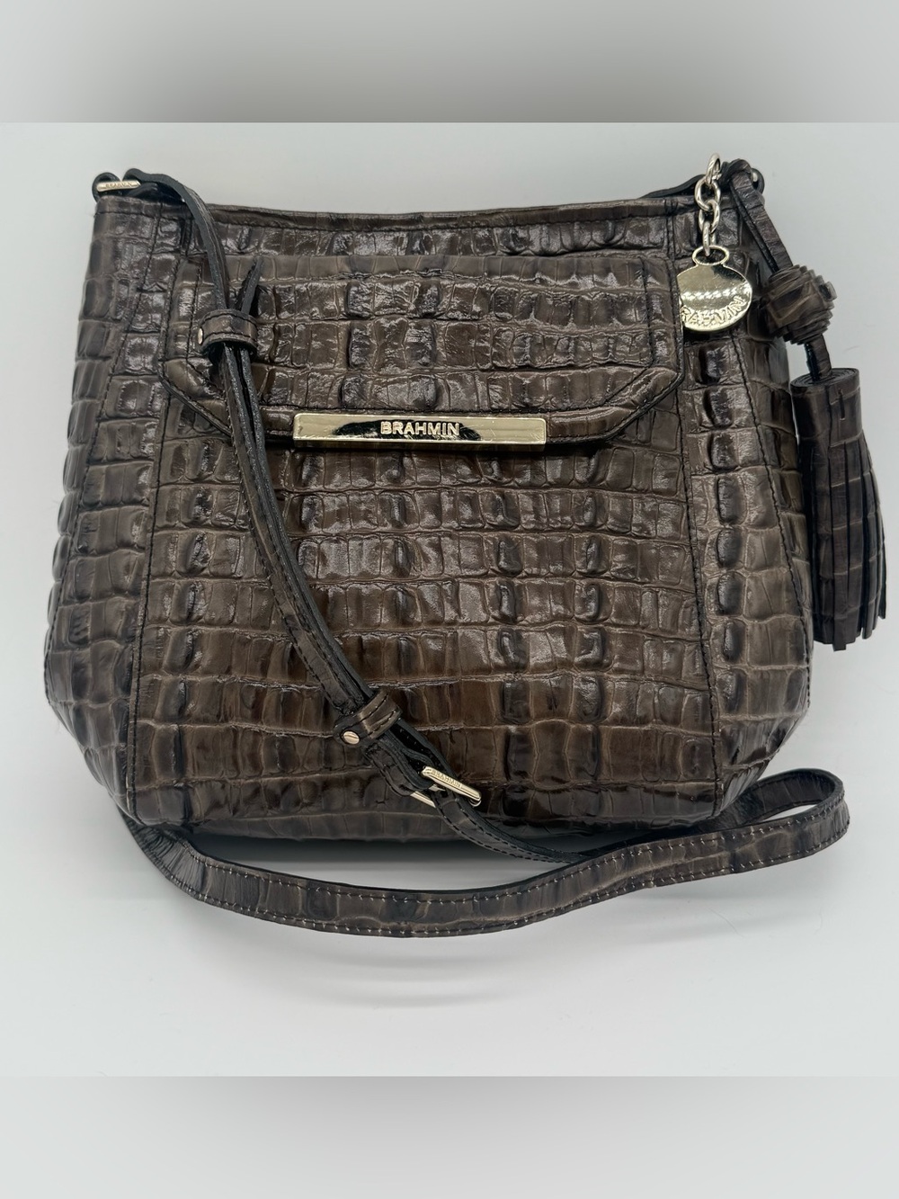 Brahmin Melbourne Taupe / Olive Croc-Embossed Leather Crossbody Bag